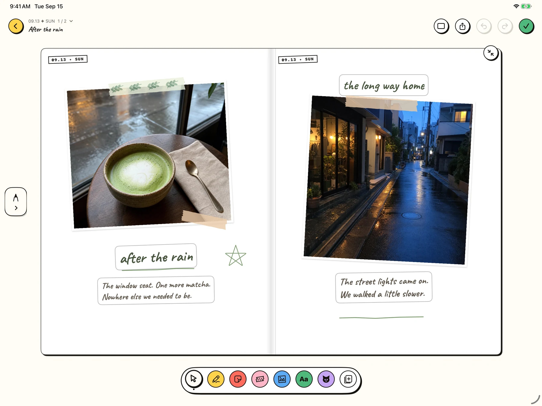 Niello 1.7 on iPad: a café and a rainy walk arranged across two pages, in the English app interface