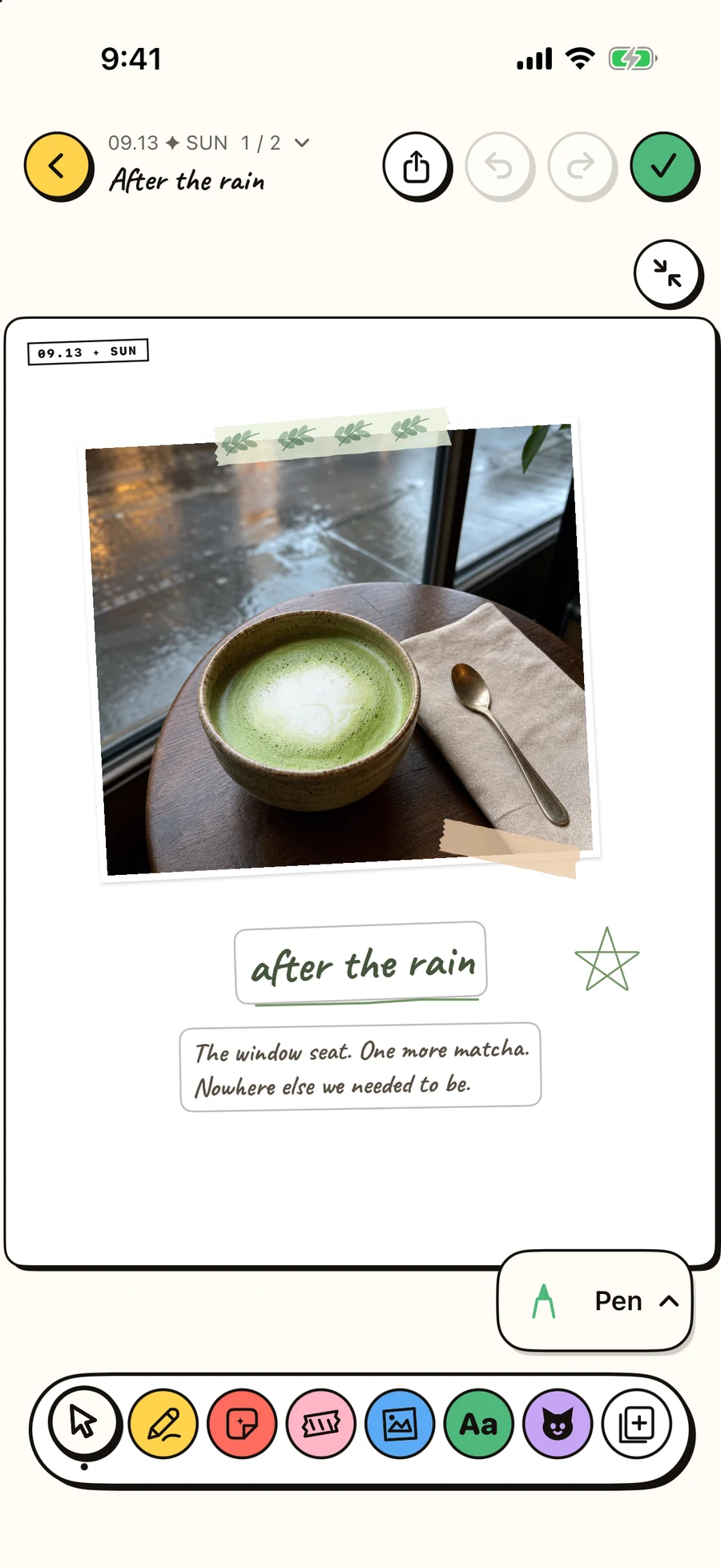 Niello page editor with a café memory, photo, writing, and stickers