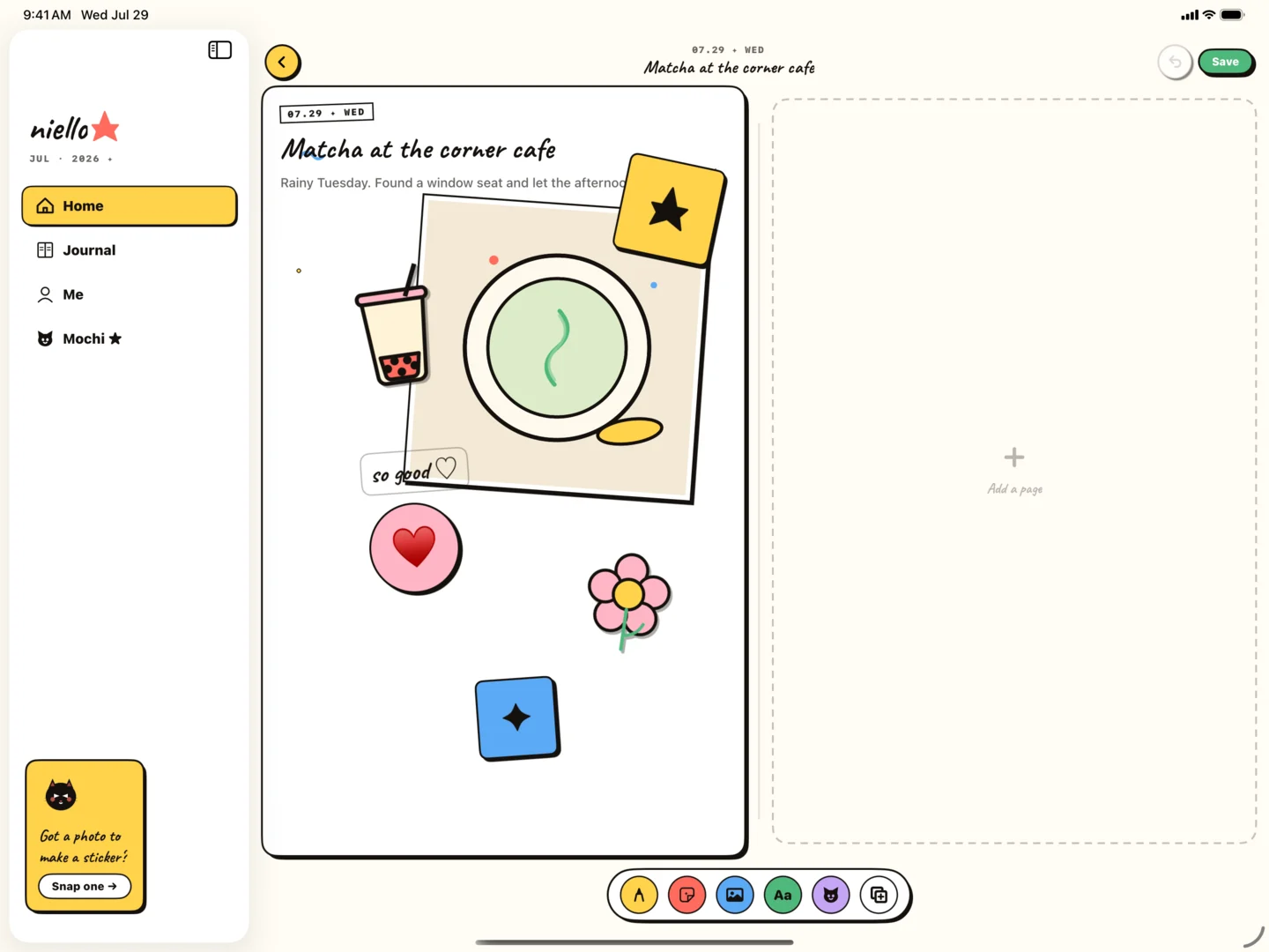 Niello page editor on iPad with a spacious visual journal layout