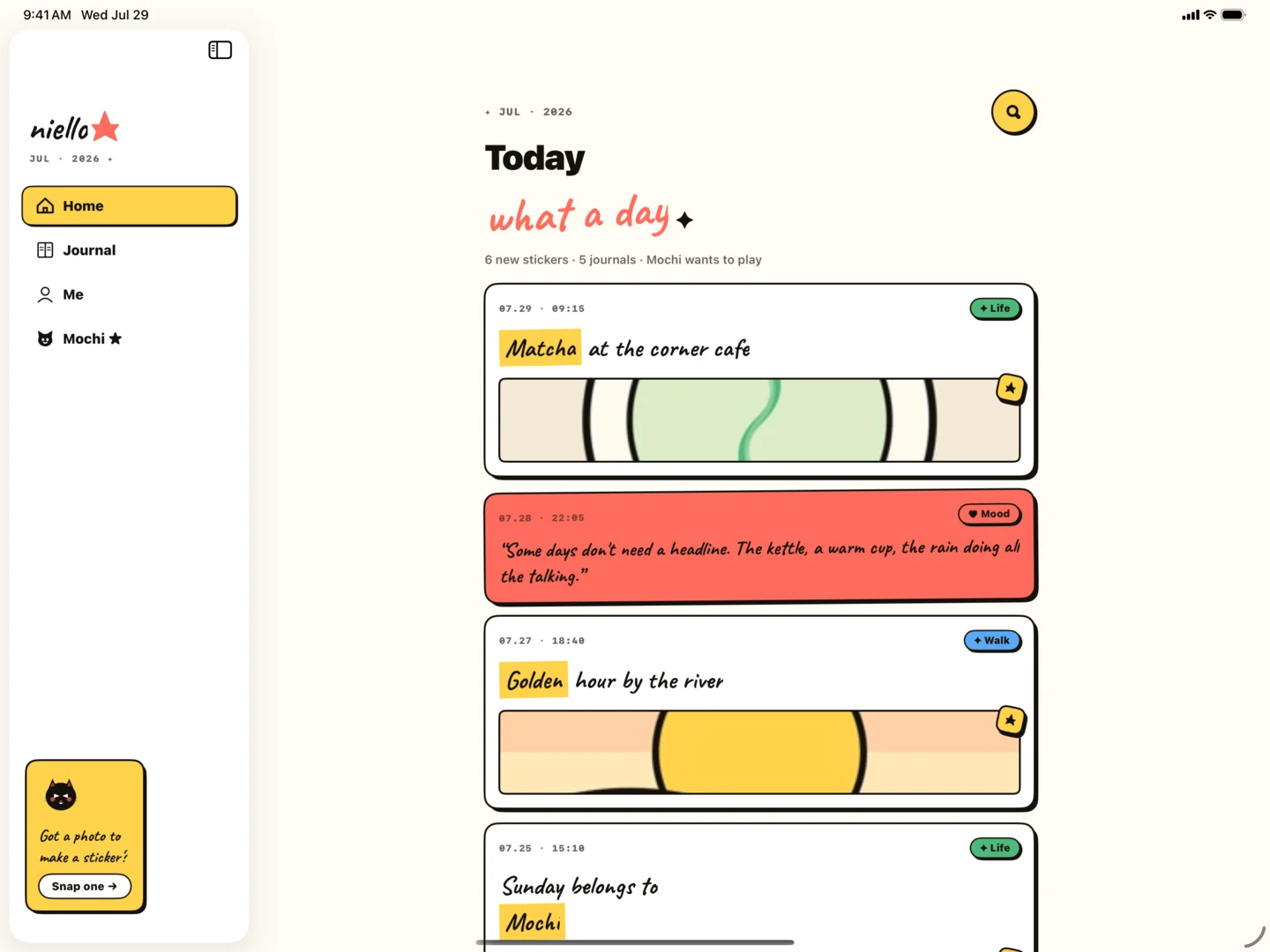 Niello home view on iPad with journal entry cards and AI companion access