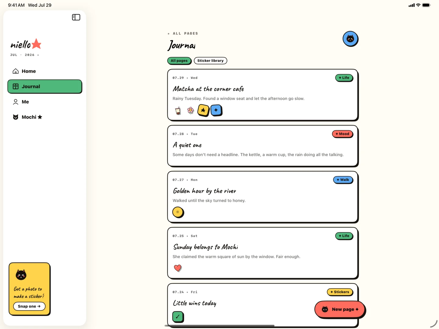 Niello's journal overview on iPad