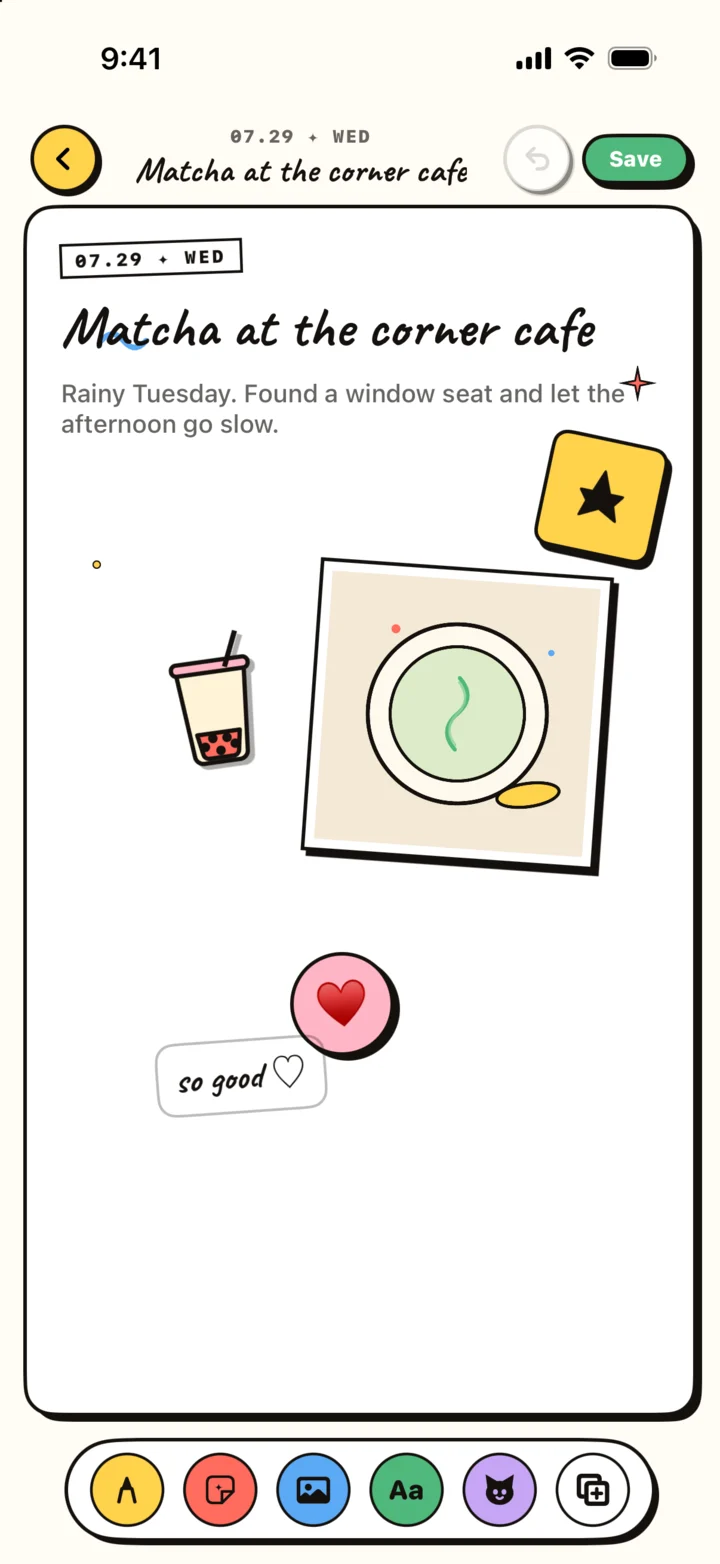 Niello page editor with a café memory, photo, writing, and stickers
